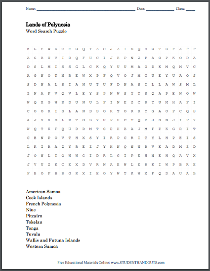 Lands of Polynesia Word Search Puzzle - Free to print (PDF file).