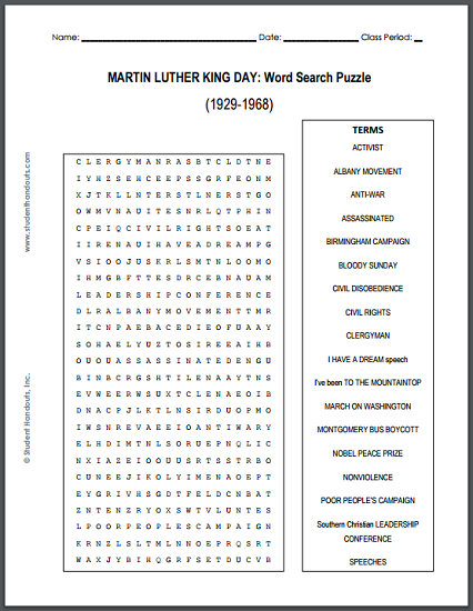 Dr. Martin Luther King, Jr., Day - Free Printable Word Search Puzzle for Kids (PDF File)