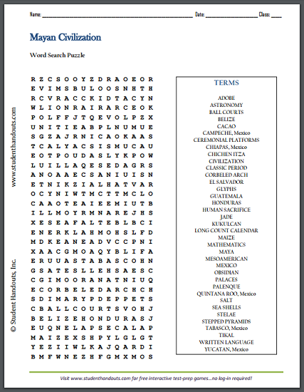 Civilization of the Ancient Maya Word Search Puzzle - Free to print (PDF file) for high school World History students.