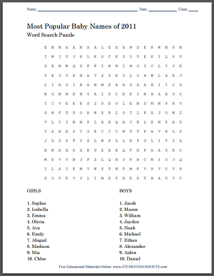 Most Popular U.S. Baby Names of 2011 Word Search Puzzle