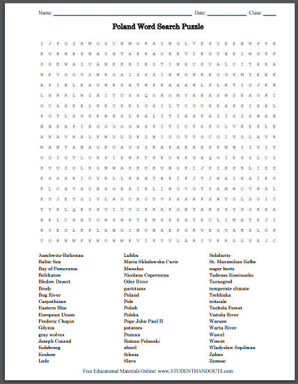 Poland Word Search Puzzle - Free to print (PDF file).