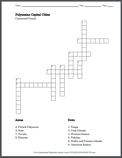 Polynesian Capital Cities - Free printable crossword puzzle (PDF file).