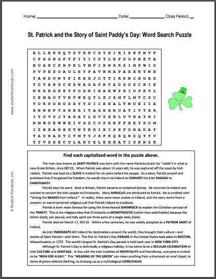 St. Patrick and the Story of Saint Paddy's Day - Free Printable Story Word Search Puzzle