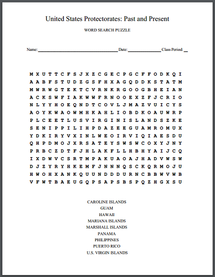 United States Protectorates: Past and Present - Free printable word search puzzle worksheet.