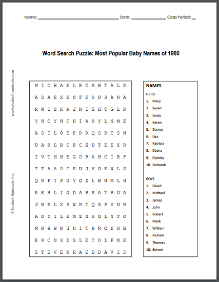Most Popular Baby Names of 1960 Word Search Puzzle