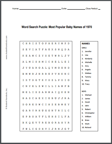 Most Popular Baby Names of 1970 Word Search Puzzle