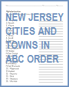 New Jersey Cities and Towns in ABC Order Worksheet for Kids