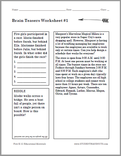 Brain Teasers Puzzle Worksheet #1 | Student Handouts