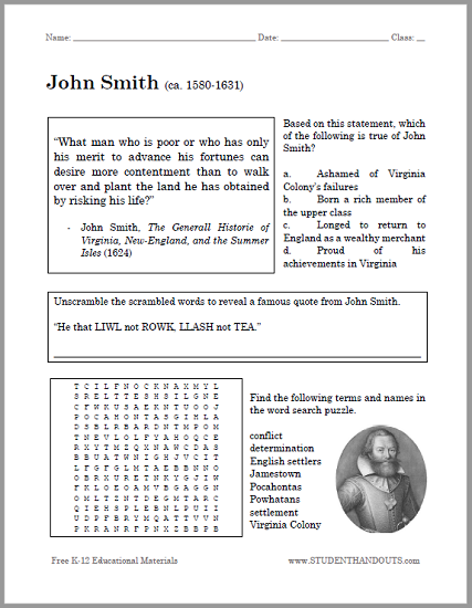 John Smith Bellwork Worksheet - Free to print (PDF file) for United States History students.