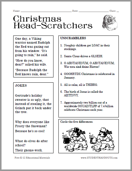 Christmas Head-Scratchers Worksheet - Free to print (PDF file).