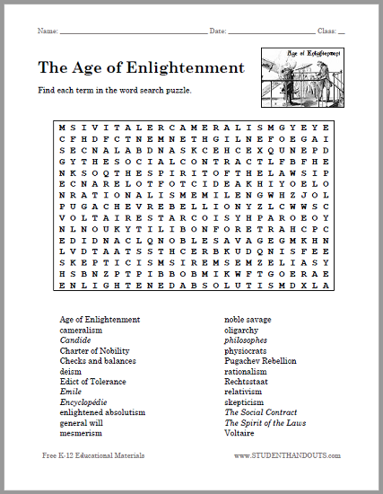 The Age of Enlightenment Word Search Puzzle - Free to print (PDF file).