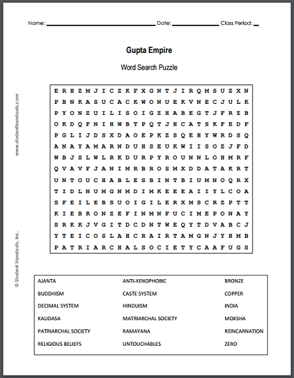 Gupta Empire Word Search Puzzle - Free to print (PDF file).