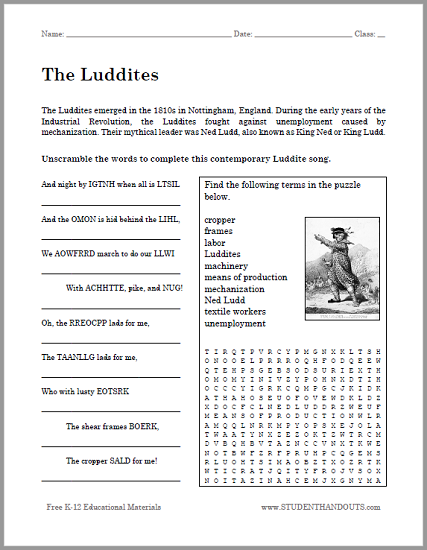 The Luddites Bellwork Handout - Free to print (PDF file) for high school World History students.