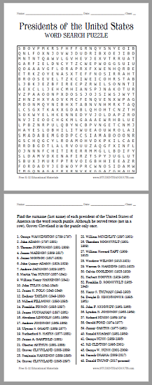 American Presidents Word Search Puzzle
