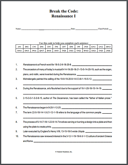 European Renaissance Code Puzzle Worksheets - Four puzzles to choose from, all free to print (PDF files). For high school World History or European History students.