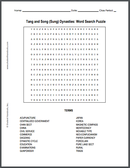 Tang and Song Dynasties of China
(618-1126 CE) Word Search