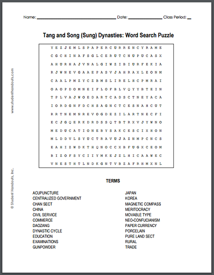 Tang and Song Dynasties of China
(618-1126 CE) Word Search