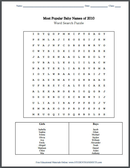 Most Popular Baby Names of 2010 Word Search Puzzle
