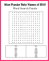 Most Popular Baby Names of 2010 Word Search Puzzle