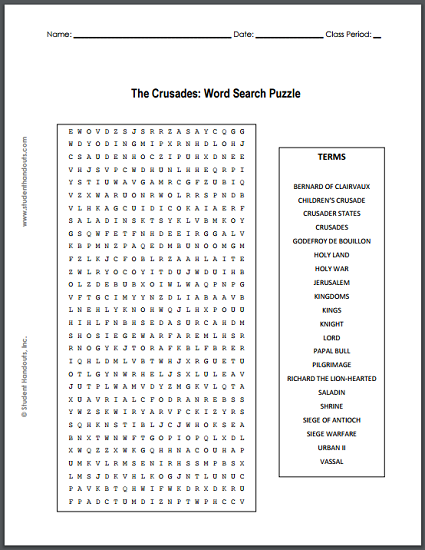 Crusades Word Search Puzzle - Free to print (PDF file).