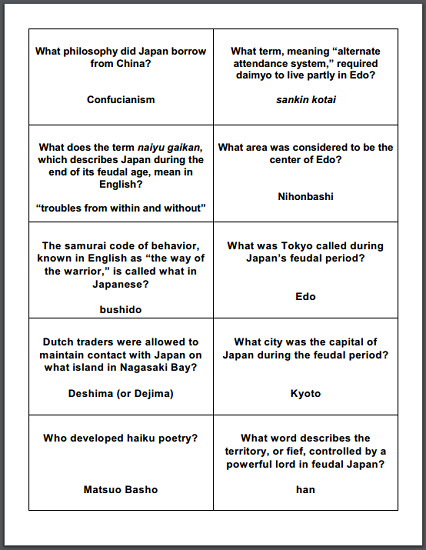 Feudal Japan Review Game Cards - Free to print. Fifty total practice questions on five sheets.