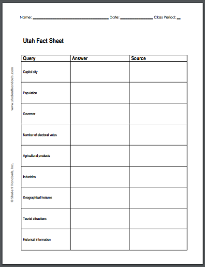 Utah Fact Sheet Notebooking Page - Free to print (PDF file).