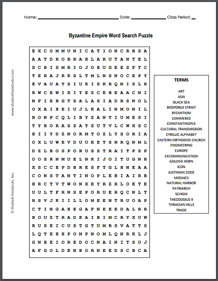 Byzantine Empire Word Search Puzzle - Free to print (PDF file).