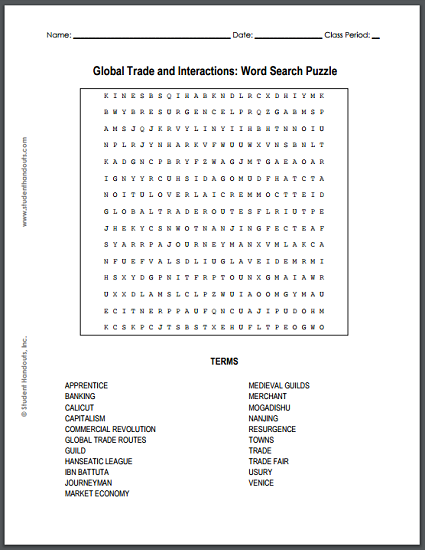 Global Trade and Interactions Word Search Puzzle - Free to print (PDF file).