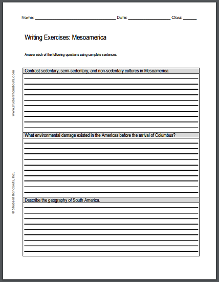 Mesoamerican Civilizations Writing Exercises - Free printable worksheet featuring three short essay questions.