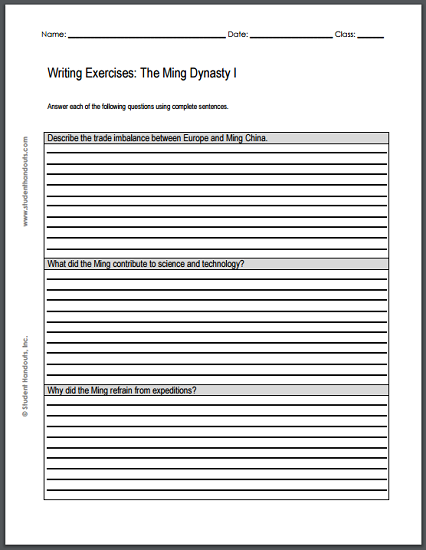 Ming Dynasty Essay Questions - Two free printable worksheets, each featuring three writing exercises.