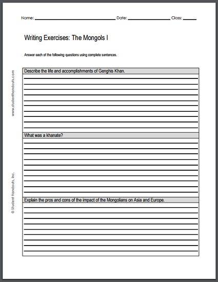 Mongolian Empire Essay Questions - Two printable worksheets with three writing exercises on each.