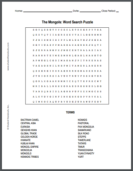 Rise and Fall of the Mongols and Their Impact on Eurasia - Free printable word search puzzle (PDF file).