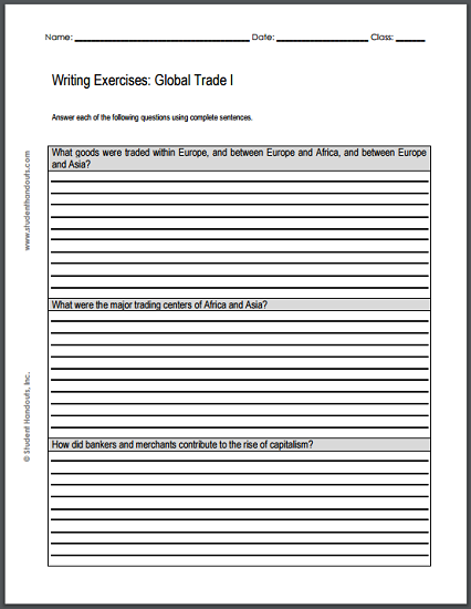 Rise of Global Trade Writing Exercises - Two worksheets, each with three essay questions. Free to print (PDF file).