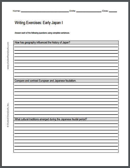 Essay Questions on Early Japan - Three worksheets, each with three short essay questions. Free to print (PDFs).