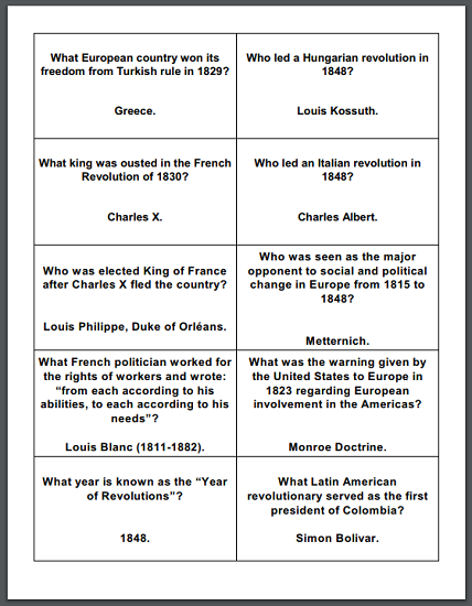 Age of Reaction Printable Flashcards - For high school World History students. Free to print (PDF files).