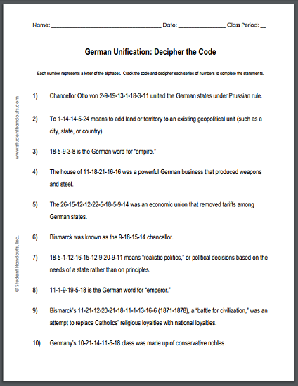 German Unification Code Puzzle Worksheet - Free to print (PDF file).