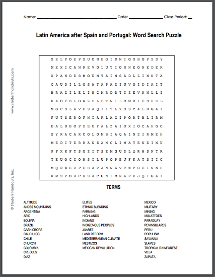 Latin America after Independence from Spain and Portugal Word Search Puzzle - Free to print (PDF file).