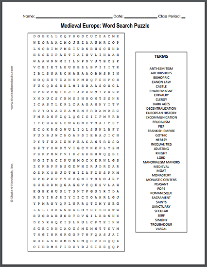Medieval Europe Word Search Puzzle - Free to print (PDF file).