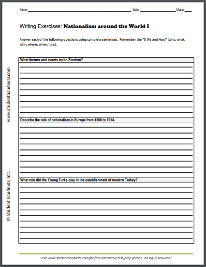 Nationalism Around the World Writing Exercises Worksheets - Free to print (PDF files).