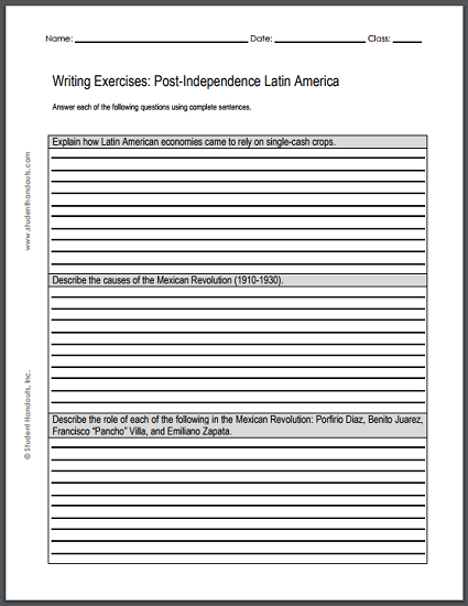 Writing Exercises: Post-Independence Latin America. Worksheet is free to print (PDF file).