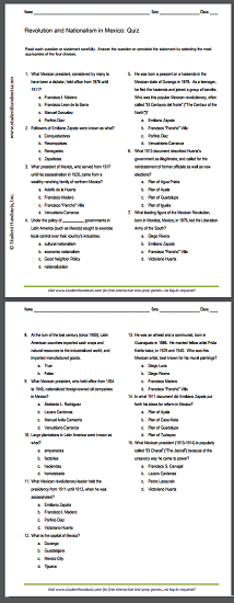 Revolution and Nationalism in Mexico - Printable Pop Quiz