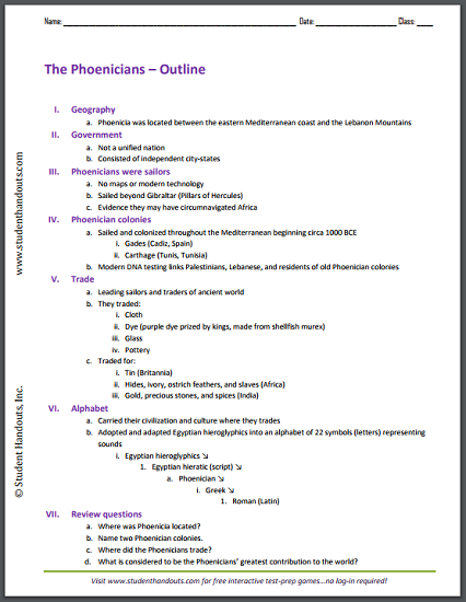 "Ancient Phoenicians" Printable History Outline for High School World History and Global Studies