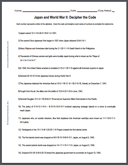 Japan in World War II Code Puzzle Worksheet - Free to print (PDF file).