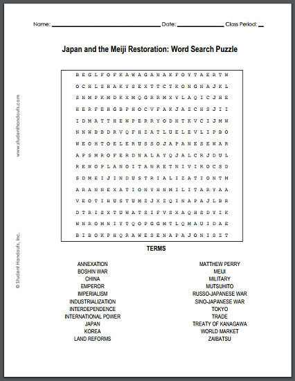 Japan and the Meiji Restoration Word Search Puzzle - Free to print (PDF file).