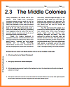 Middle Colonies Reading Worksheet for United States History