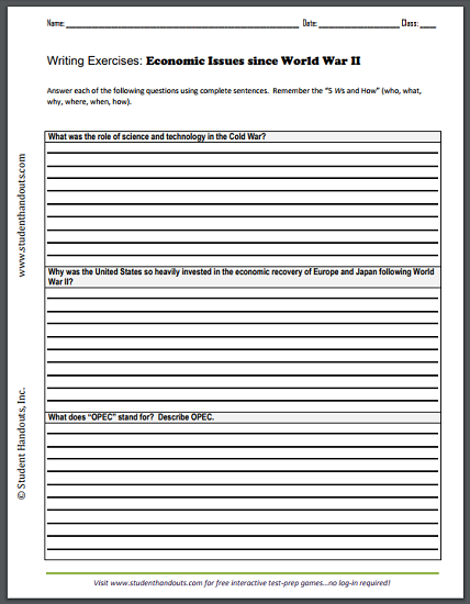 Economic Issues Since World War II Essay Questions Worksheet - Free to print (PDF file).
