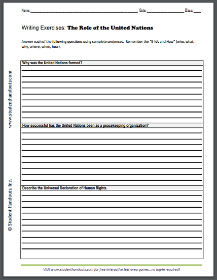 Role of the United Nations Essay Questions Worksheet - Free to print (PDF file).