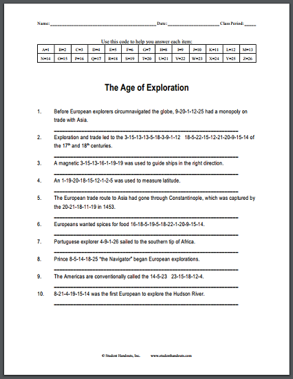 Age of Exploration Code Puzzle Worksheet | Student Handouts