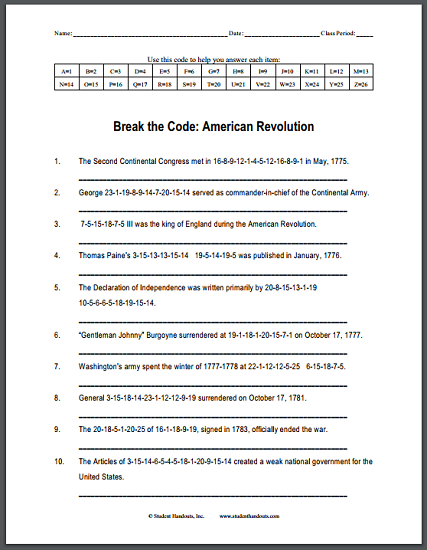 American Revolution - Decipher the Code Puzzle | Student Handouts