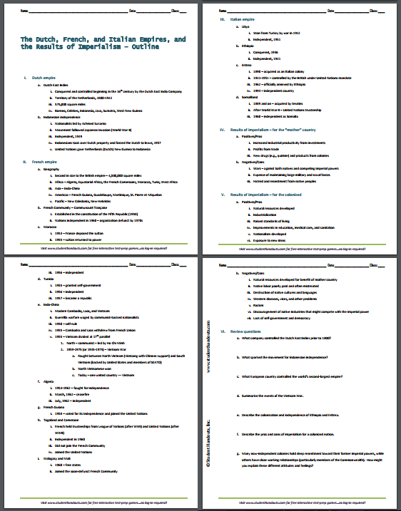 The Dutch, French, and Italian Empires, and the Results of Imperialism - Free printable outline (PDF file).